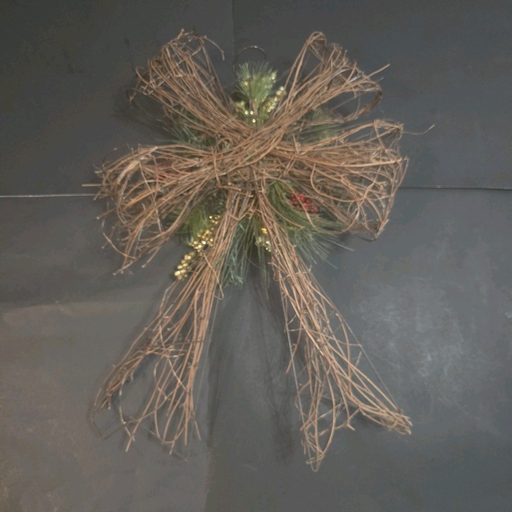 Rustic Twig Christmas Bow Ornament Holiday Decor Red Glitter Orbs Pine Branches - Picture 3 of 6